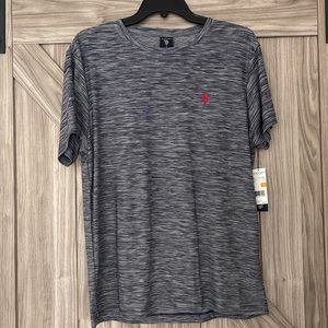 Polo tshirt stretch breathable very comfy material.  Size small navy blue & grey